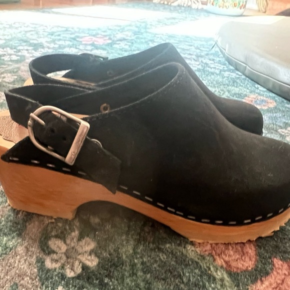 Other - Black Suede Clog Mules with Adjustable Buckle and Wood-Look Heel